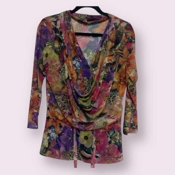 ⭐️ Cowl Neck Floral Drop Tie Hipster Hippie Glam Chic Party Elegant Blouse Top - Picture 1 of 5